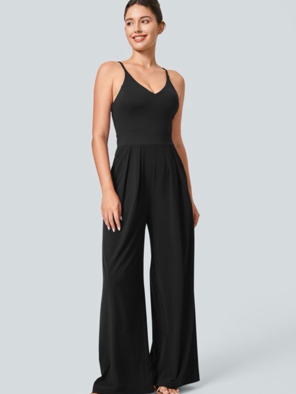 Halara Breezeful Black Small Tall Wide-Leg Jumpsuit V-Neck Sleeveless Pockets